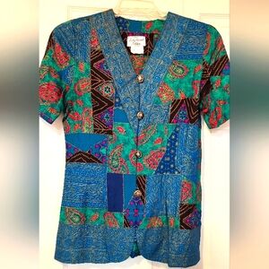Vintage Bold Colors Geometric Lady Carol Petite Button Blouse Wearable Art Sz 6